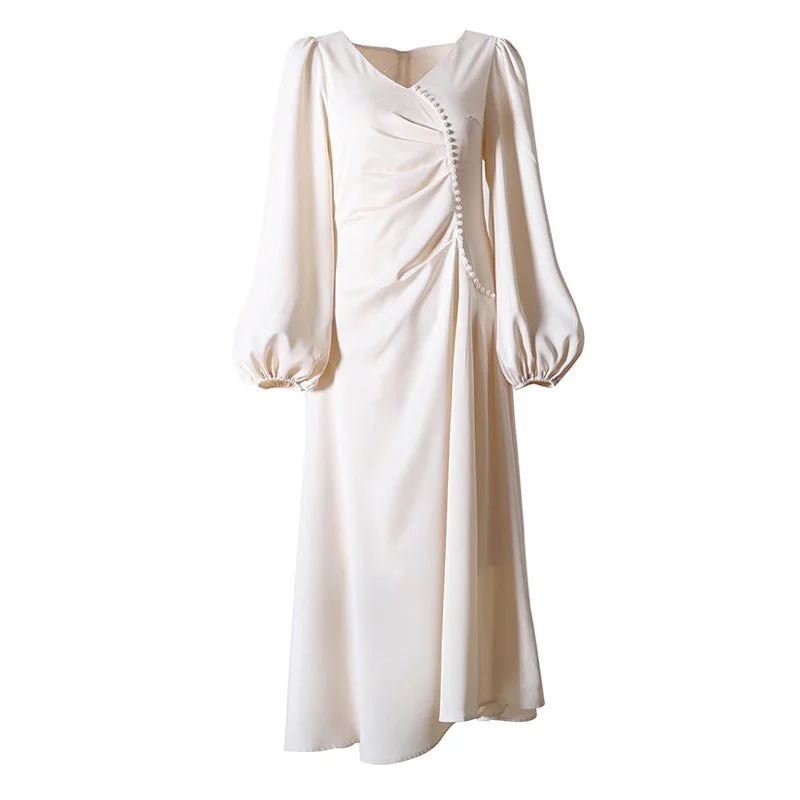 Comfortable Clothes Elegant Imitation Pearl Beaded Ruched V Neck Puff Sleeve Midi Satin Dress