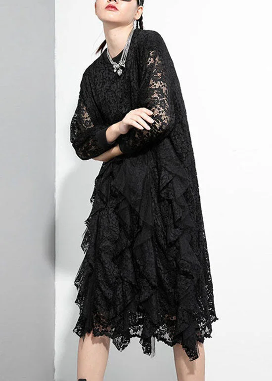 Trendy Street Style Attire Modern Black Asymmetrical Patchwork Lace Maxi Dresses Spring