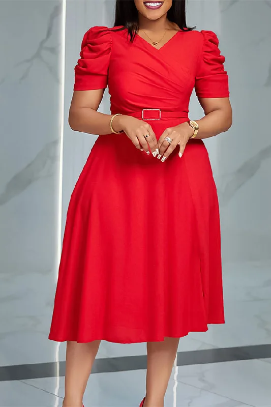 Chic Style, Always In Vogue Solid Color V Neck Urban Belted A-Line Midi Dress