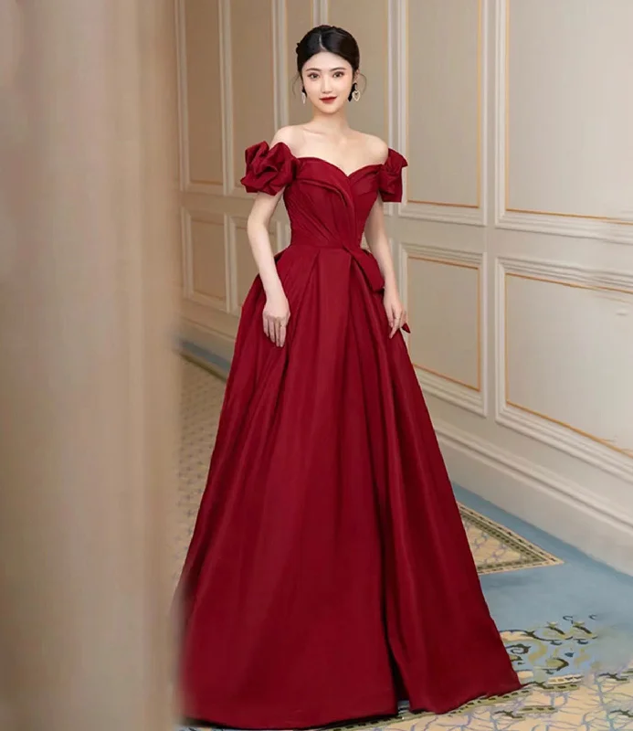 Vintage Retro Party Wear Burgundy satin long prom dress A line evening dress  10450