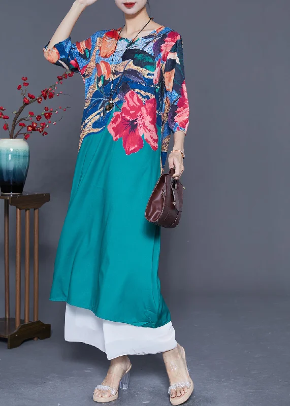 Eco Friendly Fashion Sale Italian Peacock Blue O-Neck Print Chiffon Maxi Dresses Half Sleeve