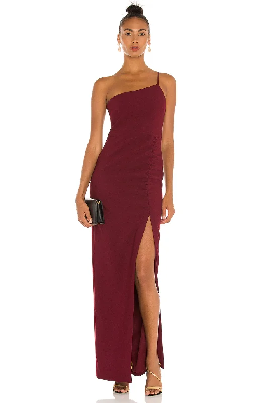 Graceful Movement 4 - likely burgundy one shoulder ruched gown