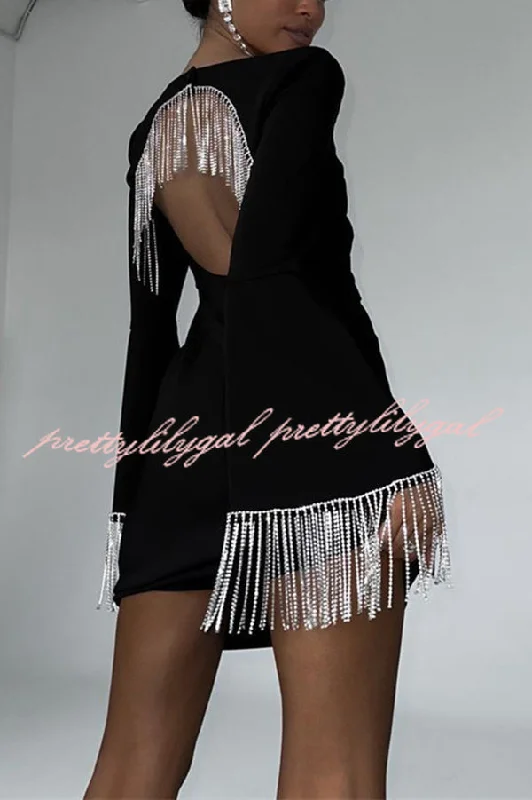 Odd Size Clearance Sale Fashionable Fringed Square Neck Bell Sleeves Hollow Back Mini Dress