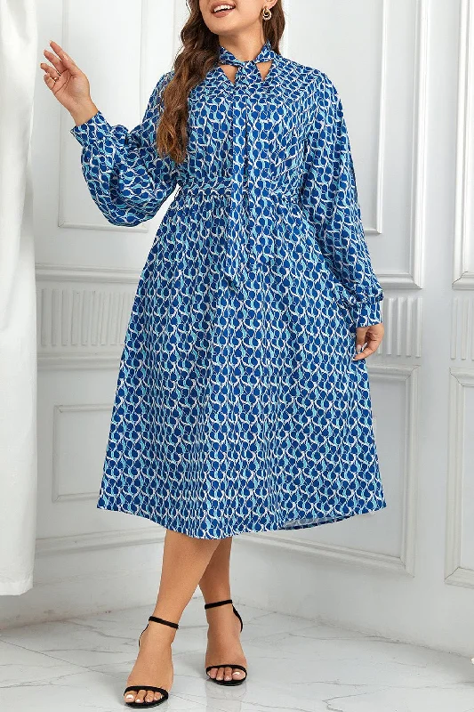 Feminine Flow Plus Size Printed Tie Neck Midi Dress