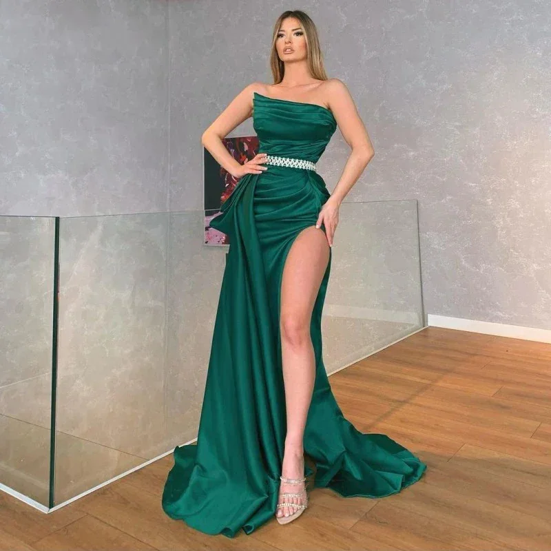 Valentine's Special Sexy Satin Strapless Evening Dress Off Shoulder Women Prom Gown Sashes Beads Backless Sleeveless High Split  gh1901