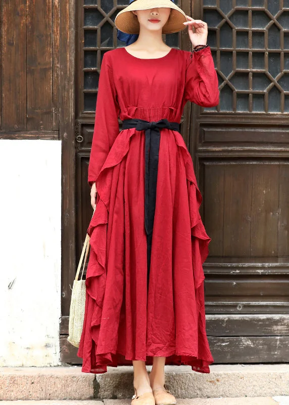 Crazy Discounts, Hurry Up Red Cotton Maxi Dress Wrinkled Tie Waist Long Sleeve