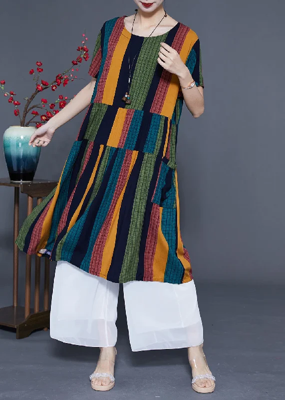 Exquisite Craftsmanship Art Colorblock Oversized Patchwork Striped Cotton Maxi Dresses Summer