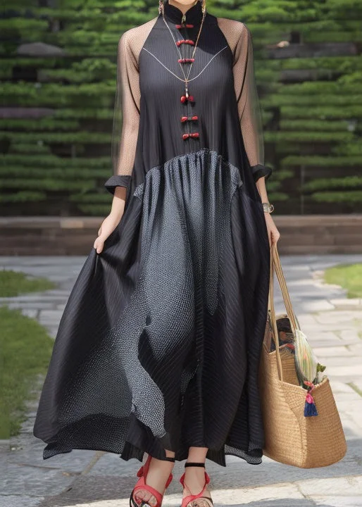 Hot Picks French Black Button Patchwork Silk Maxi Dresses Fall