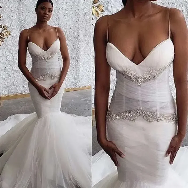 Fashion For Every Occasion Sexy Spaghetti Straps Mermaid Wedding Dresses For Women Ruched Tulle Beaded Luxury Bridal Gowns