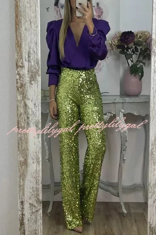 Casual Weekend Relaxed Style Glitzy Glamour Sequin High Rise Elastic Waist Wide Leg Pants