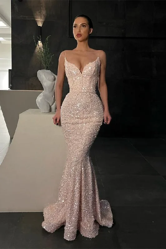 Trendy Urban Attire Gorgeous Spaghetti-straps Sequins Prom Dress Mermaid Sleeveless gh2395