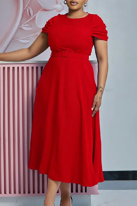 Buy More, Save More Solid Color Feminine Belted A-Line Midi Dress