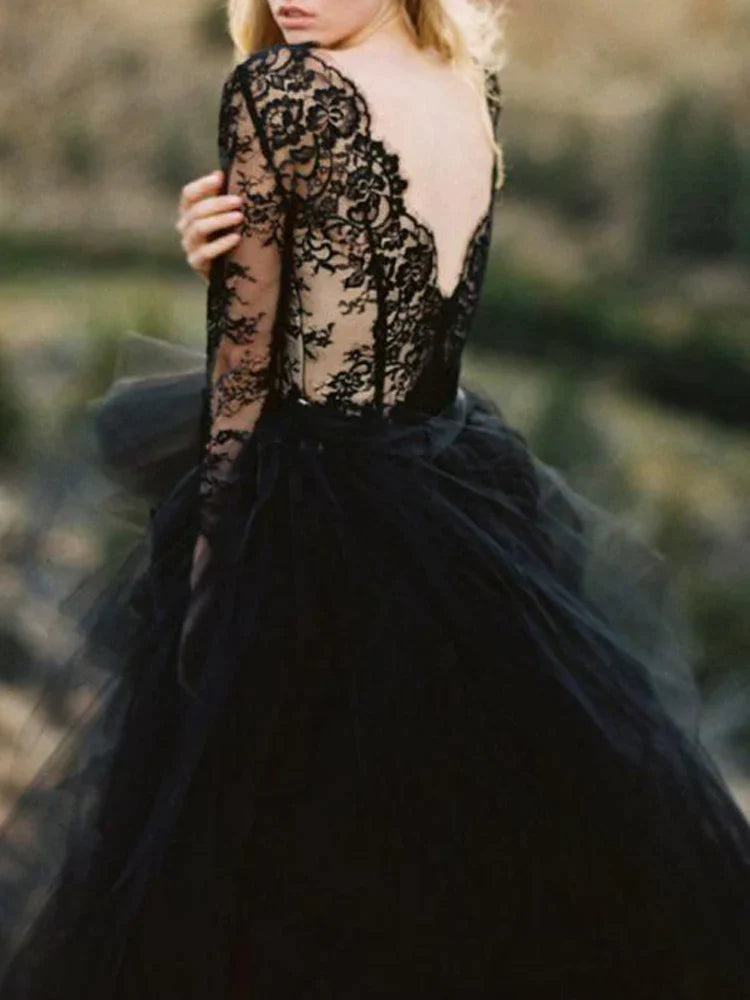 Classic Appeal Charming A-Line Long Sleeve Black Wedding Dresses,Lace Wedding Gown,Black Bridal Dresses