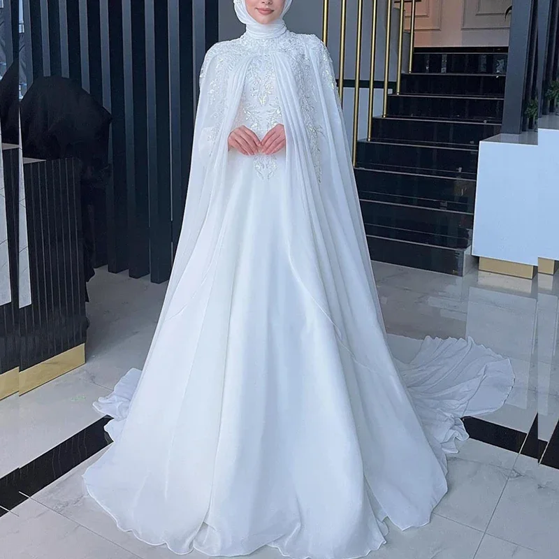 Stay Ahead In Style Elegant Muslim Wedding Dresses with Cape High Neck Long Sleeves Sweep Train Chiffon Appliques Beading Hijab Bride Bridal Gowns