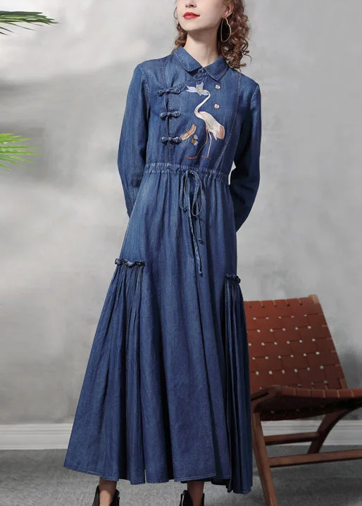 Chic And Edgy Plus Size Blue drawstring wrinkled Peter Pan Collar Embroideried Patchwork Cotton Maxi Dresses Long Sleeve