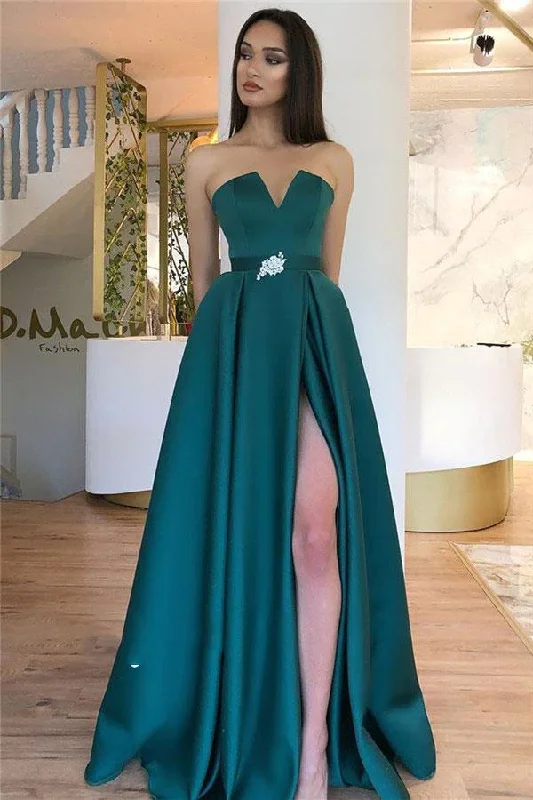 Stylish Savings Elegant Prom Dresses V Neck Strapless Satin Teal Beaded Belt Side Slit gh1074