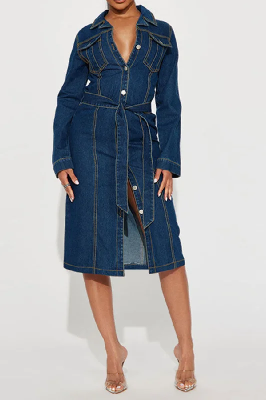 Boho - Chic Festival - Ready Style Contrast-Stitch Denim On-trend Belted Single Breasted Midi Dress