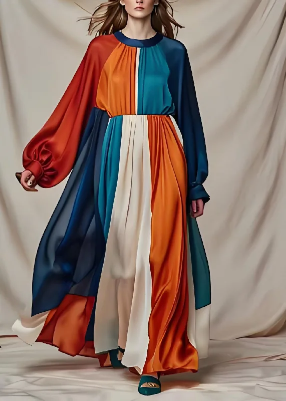 New Styles Just In Vogue Colorblock O Neck Patchwork Draping Silk Maxi Dresses Long Sleeve