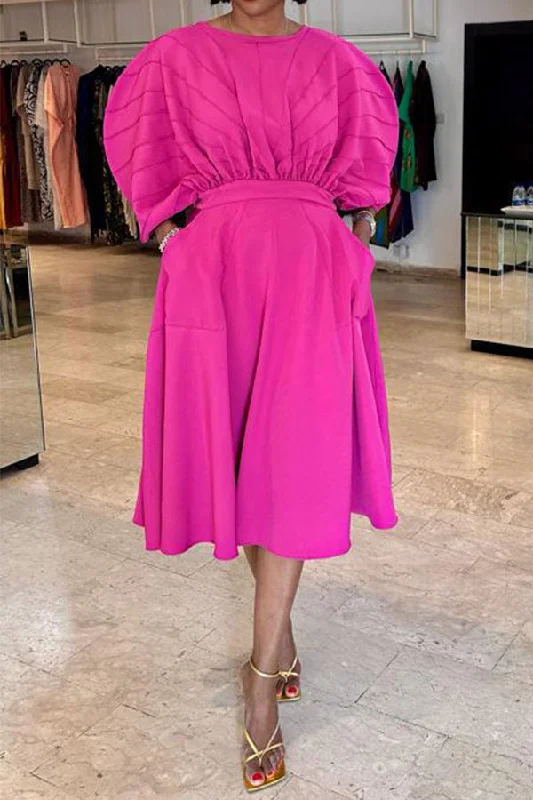 Find Your Unique Flair Solid Color Puff Sleeve Modern A-Line Midi Dress