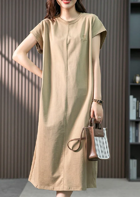 Timeless Elegance Casual Khaki O-Neck Embroideried Cozy Cotton Maxi Dresses Short Sleeve