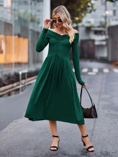 Final Sale Ruched Off-Shoulder Midi Dress