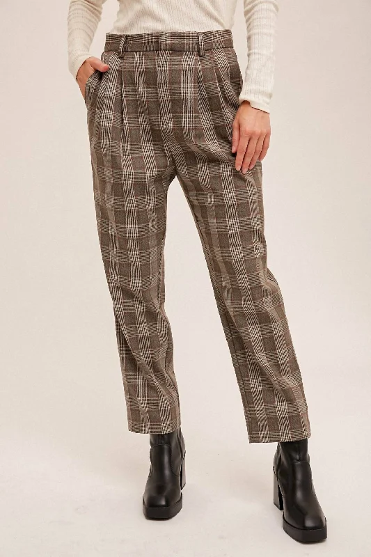 Bold Prints Casual Chic Plaid Trousers With Pockets In Brown