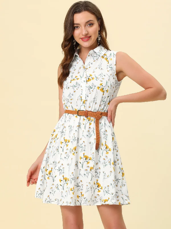 Fashion Deal Printed Half Placket Above Knee Sleeveless Belted Dress