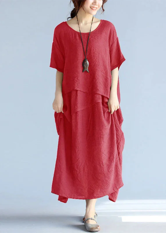 Style Revolution baggy Red long linen dresses oversized layered cotton maxi dress vintage short sleeve cotton clothing