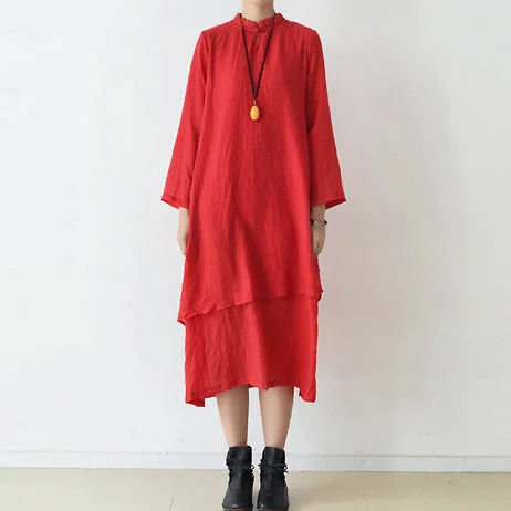 Flash Deals 2024 fall red cotton dresses layered long maxi dress vintage high neck design