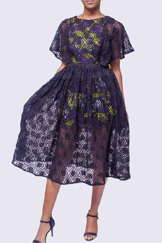 New Arrivals Geometric Print Commuting Lace Overlay Midi Dress