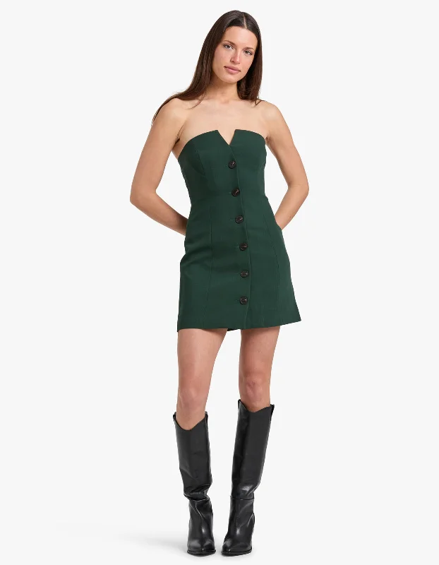 Fashion Forward Femme Irena Strapless Button Up Mini Dress - Deep Forest