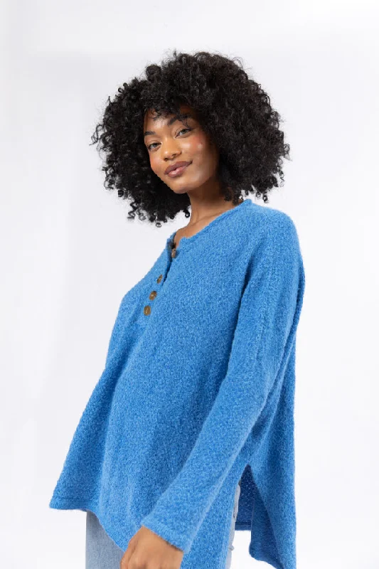 Save Big Thinking Of You Blue Fuzzy Henley Blouse SALE