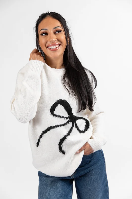 Odd Size Clearance Sale Feeling Like Love Ivory and Black Bow Crew Neck Sweater