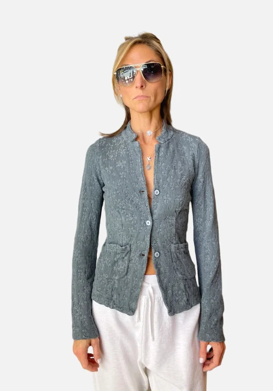 Forward Trendsetter Floral Cotton Linen Jacquard Knitted Jacket - Blue