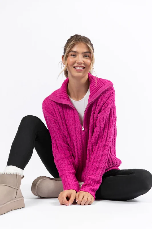 End Of Season Clearance Forever Yours Magenta Cable Knit Chenille Quarter Zip Sweater SALE