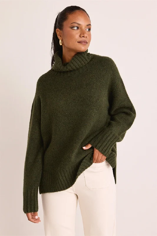 Fashion Essentials Zealous Dark Khaki Roll Neck Super Soft Knit Jumper