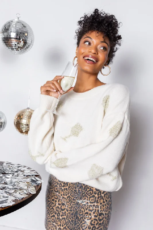 Trendy Street Style Attire Pop The Bubbly Glitter Wine Glass Embroidered Cream Sweater SALE