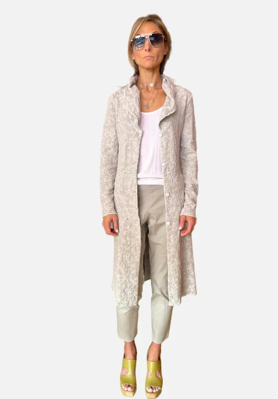 Chic And Edgy Long Floral Cotton Linen Jacquard Knitted Jacket - Light Grey