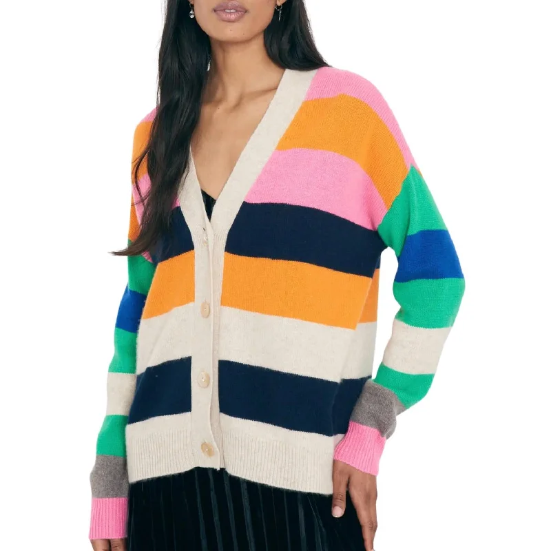 Chic Casual Style Multi Stripe Boyfriend Cardigan In Buff