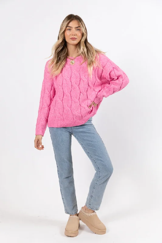 Chic Allure Steer Me Right Pink Oversized Cable Knit Sweater SALE