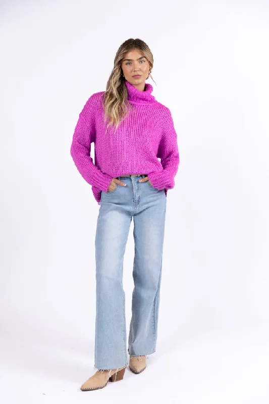 Trendy Women's Wear What I Need Magenta Oversized Turtleneck Sweater