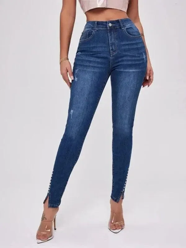 Evening Elegance Women Beaded Slit Jeans