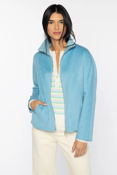 Trendy Fashion Sale Kinross Cashmere Knit Detail Short Zip Mock Coat