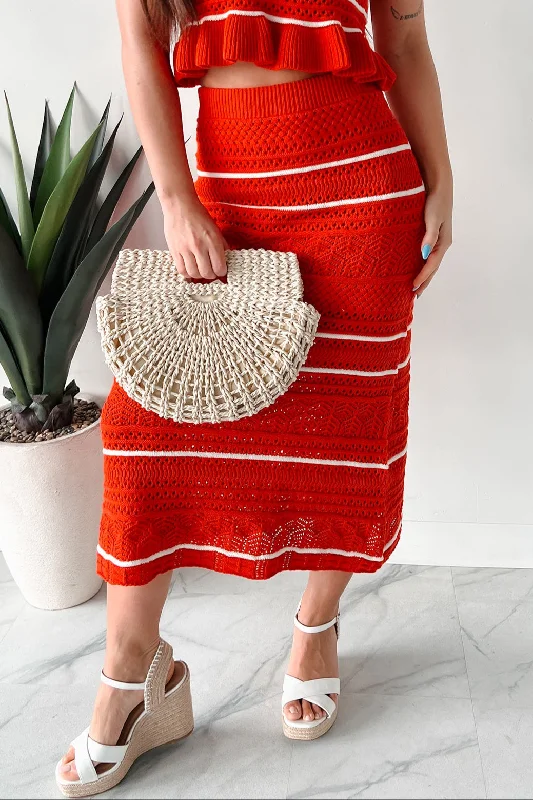 Bold Silhouette Playful & Pretty Open Knit Sweater Midi Skirt (Red Orange)