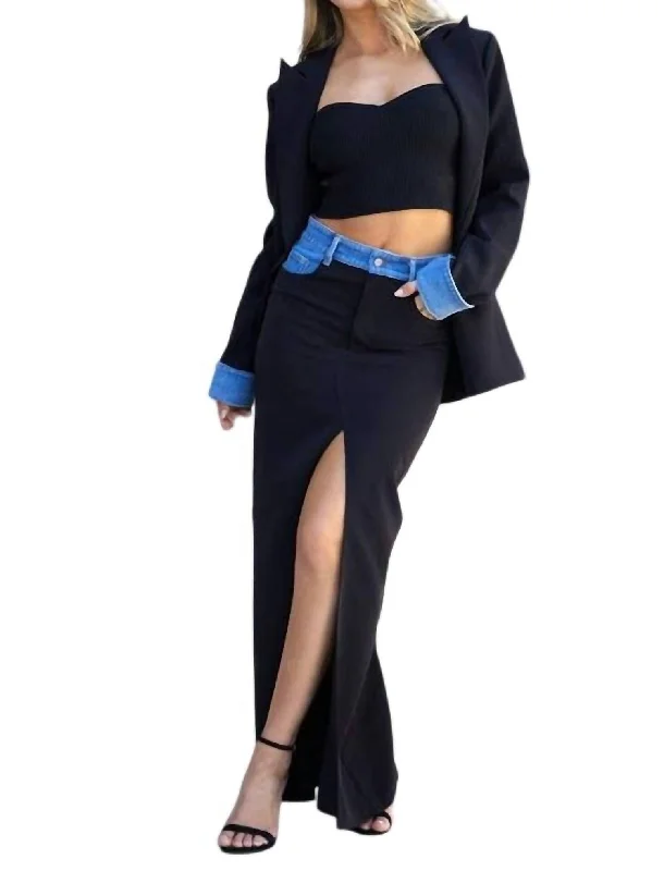 Comfortable Chic Denim Spliced Maxi Skirt In Black