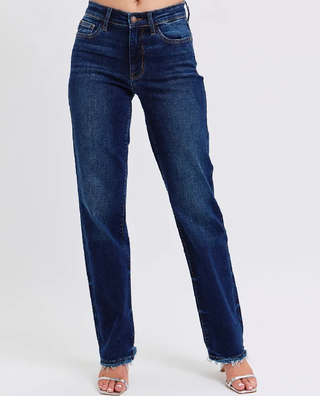 Fashion-Forward Judy Blue Mid Rise Fray Hem Straight Leg Jean