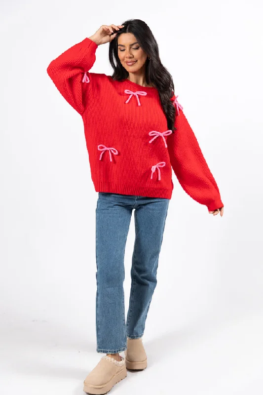 Feminine Grace Knot Your Average Bow Red Embroidered Bow Sweater SALE