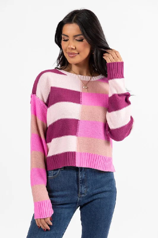 Casual Fashion Take Your Time Pink and Berry Multi Color Block Striped Crop Sweater SALE