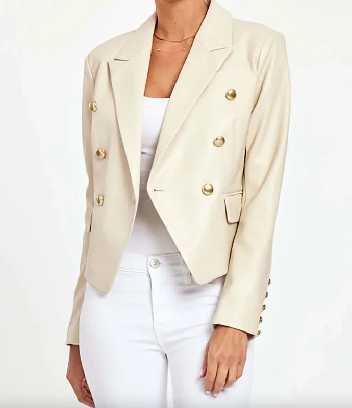 Evening Looks Double Breasted Vegan Leather Blazer - Bone