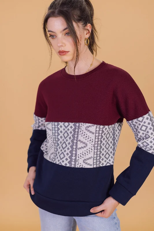 Urban Sophistication Sweater Mia Burgundy Blue Geo